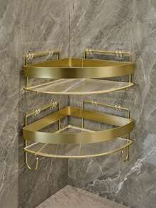 Luxury Bathroom Triangular Corner Shelf, No Drilling Wall Mounted Shower Caddy, Acrylic & Metal Storage Rack, Waterproof Rustproof Organizer For Shampoo Soap Cosmetics, Space Saving Corner Shelving For Bathroom Kitchen Toilet, Modern Golden Clear Design, Strong Adhesive Easy Installation, Home Storage Essentials - Gold - View 5