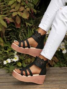 Giày sandal đế xuồng một quai cài khóa mùa hè mới 2026, kiểu dáng thời trang Âu Mỹ với khóa kéo phía sau. - màu đen - Xem 3