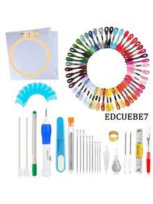 EDCUEBE7 1套刺绣入门套装，适合初学者，包含50支绣线、穿孔绣布套装、成人缝纫工具套装、DIY刺绣笔套装和缝纫线（颜色和包装随机） - M - 查看 12