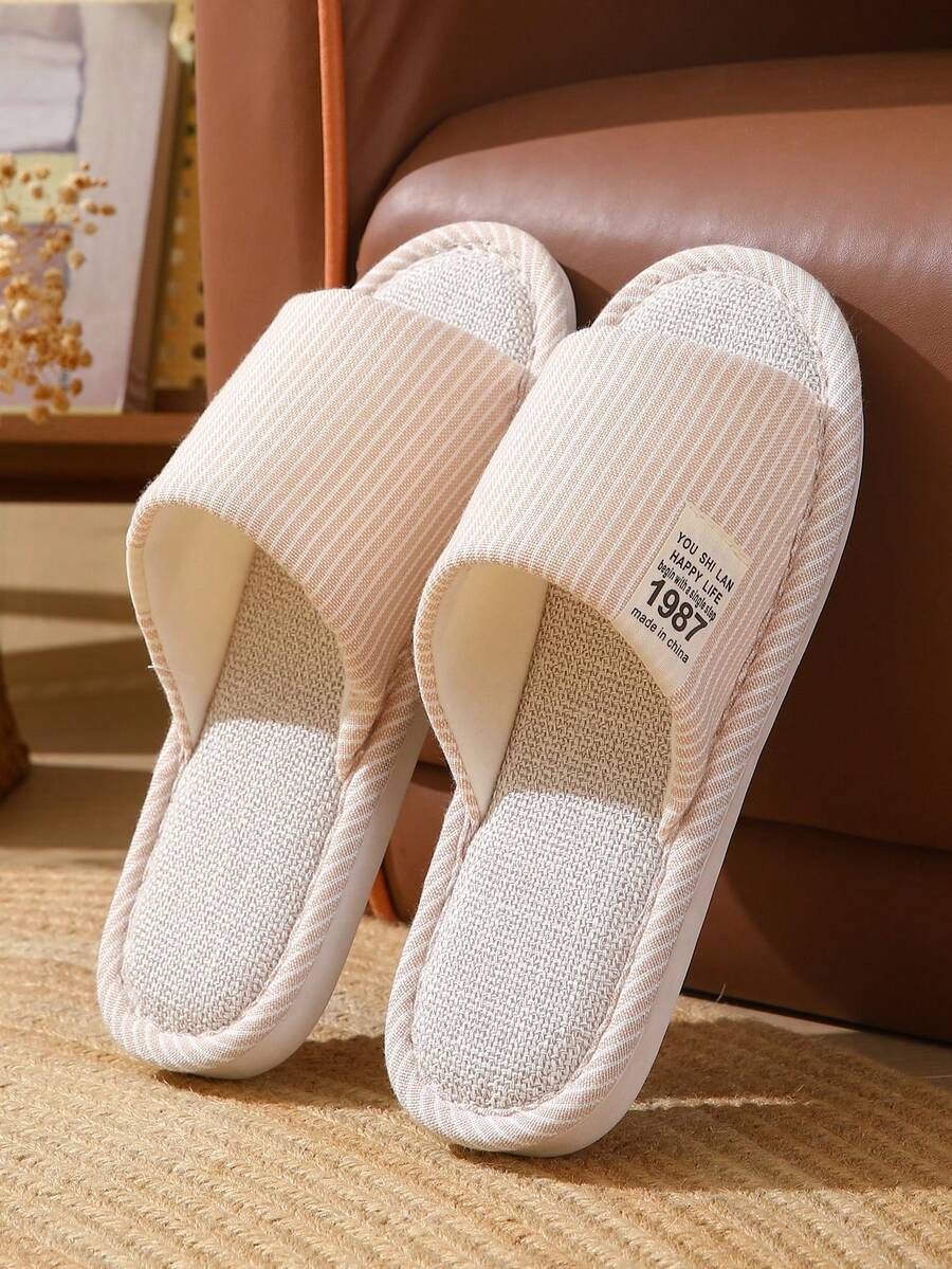 Zapatillas de lino a rayas unisex para la playa, transpirables y antideslizantes para uso en interiores, adecuadas para todas las estaciones, primavera - Beis - Ver 1