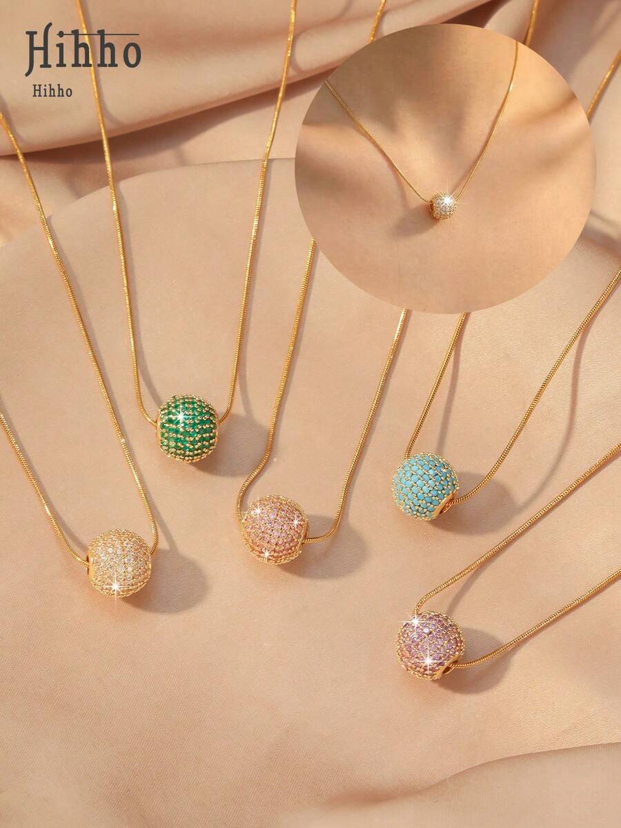Hihho 1pc Minimalist Chic Inlaid Zirconia Spherical Pendant Necklace, Delicate Jewelry Gift For Women, Party & Holiday