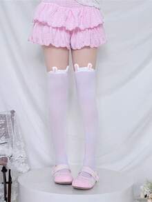 1 Pair White Thigh High Socks With Cute Rabbit Ears, Sweet Lolita JK Style Long Stockings For Women - White - View 8