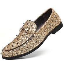 Men's Glitter Studded Dress Shoes Fashion Metallic Sequins Gold Buckle Spikes Rivets Luxury Wedding Party Loafers - Vàng - Xem 2