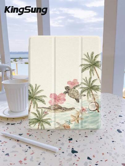 Kingsung 海龟椰树图案平板电脑保护套，适用于 iPad 9.7/10.2/10.5/10.9/12.9 英寸/iPad Pro 11 英寸（第十代）、Galaxy Tab S6 Lite 10.4 英寸、Kindle Paperwhite 第十二代（2024 年款）、Kindle 第十一代（2022 年款）、Kobo Clara Color，柔软防震保护，智能支架/自动唤醒/睡眠功能