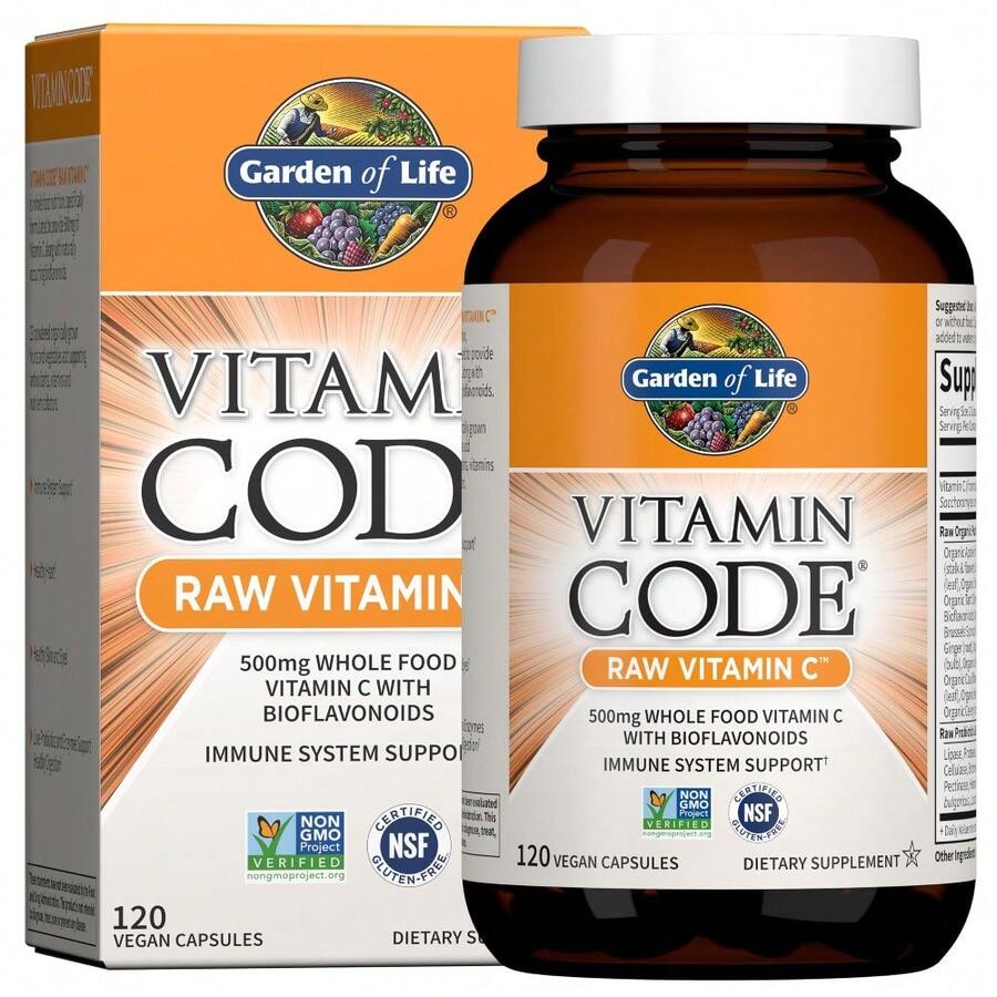 Garden Of Life Vitamin Code Raw Vitamin C - 120 Capsules, 500mg Whole Food Vitamin C Capsules + Fruit & Veggie Blend & Probiotics, Supplements For Adults, Vegan, Gluten Free - 120 片裝(1 包) - 查看 1