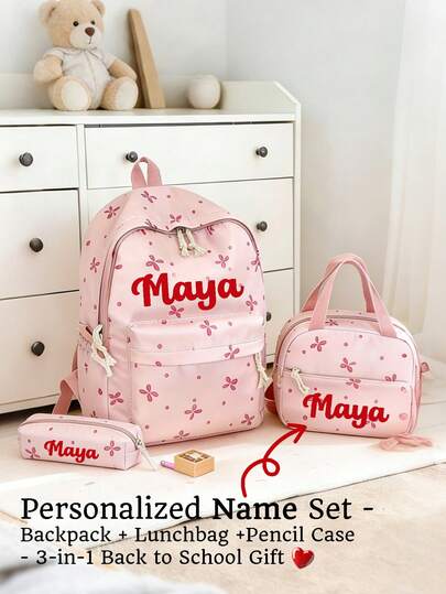 Set de 3 piezas Mochila personalizada para niños, regalo personalizado de vuelta al colegio, incluye bolsa de almuerzo y estuche para lápices, diseño lindo de lazo/trébol, mochila impermeable para niñas, regalo de vuelta al colegio/cumpleaños. Mochila escolar para niñas de gran capacidad con bolsa de almuerzo, bolsillos y estuche para lápices, mochila escolar con estampado degradado. Cabe laptop de 15.6 pulgadas, bolsillos multifuncionales. Adecuado para viajes al aire libre, vuelta al colegio, actividades al aire libre y uso diario.