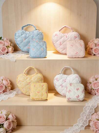 Women'S Checkered Floral Makeup Bag With Same Design Sanitary Napkin Storage, Heart-Shaped Handbag With Checkered Bow Unique Design, Large Capacity For Storage, Portable Quilted Toiletry And Cosmetics Organizer | Perfect For Travel And Gatherings As A Handbag, Gift For Easter, Mother'S Day, Independence Day, Wedding Season, Graduation Season