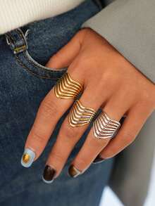 3pcs/1pc Line-Cut Geometric Stainless Steel Open Ring, Ladies Clothing, Suitable For Women's Daily Wear, Party And Dating Occasions - Multicolor - View 9