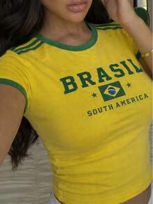 Women's Baby Look T-Shirt, Brazil World Cup, With Green And Yellow Stripes. - Màu vàng - Xem 2