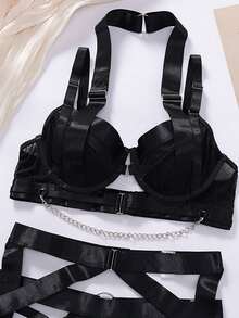 Bộ 3 món đồ lót gợi cảm màu đen dành cho nữ, gồm áo ngực dây xích và dây nịt. - màu đen - Xem 5