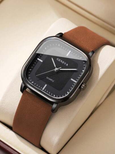 男士复古方形表盘石英表，哑光棕色皮表带，黑色表盘白色刻度，简约优雅设计，适合通勤和日常佩戴。