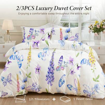 2/3pcs Digital Floral Print Duvet Cover Set (1 Duvet Cover + 1/2 Pillowcase, Comforter Not Included), Soft And Skin-Friendly, Suitable For Bedroom, Dorm, Hotel, All Seasons, Perfectly Fits Twin Full King Queen All Size Bed, Gift For Parents & Friends, Bed Sets