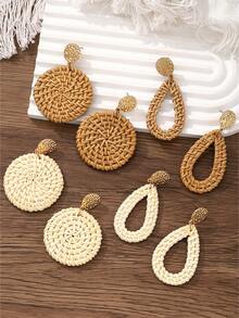 1/4对藤编耳环，轻盈几何造型，手工稻草编织，水滴形耳环，垂坠式耳环 - 米棕 - 查看 5
