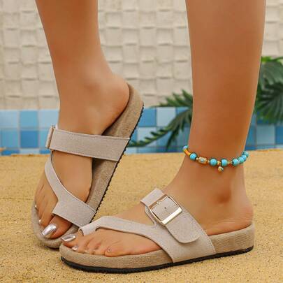 Women's Flat Sandals, Slippers, Thong Style, Summer, Comfortable Wear, Easy To Match, Solid Color Beach Buckle Sandals