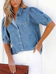 Women's Light Blue Petal Sleeve Denim Shirt Casual Summer - Medium Wash - View 3