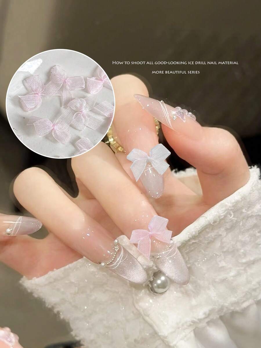 10 chiếc nơ ruy băng lưới 3D trang trí móng tay, hình nơ màu hồng và trắng, phụ kiện trang sức móng tay DIY kiểu Hàn Quốc. - Nhiều màu - Xem 1