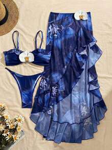 3pcs Women's Floral Print Elegant Sexy Backless 3D Flower Beach Dress Bikini Set, Spring/Summer Vacation - 藍色 - 查看 2