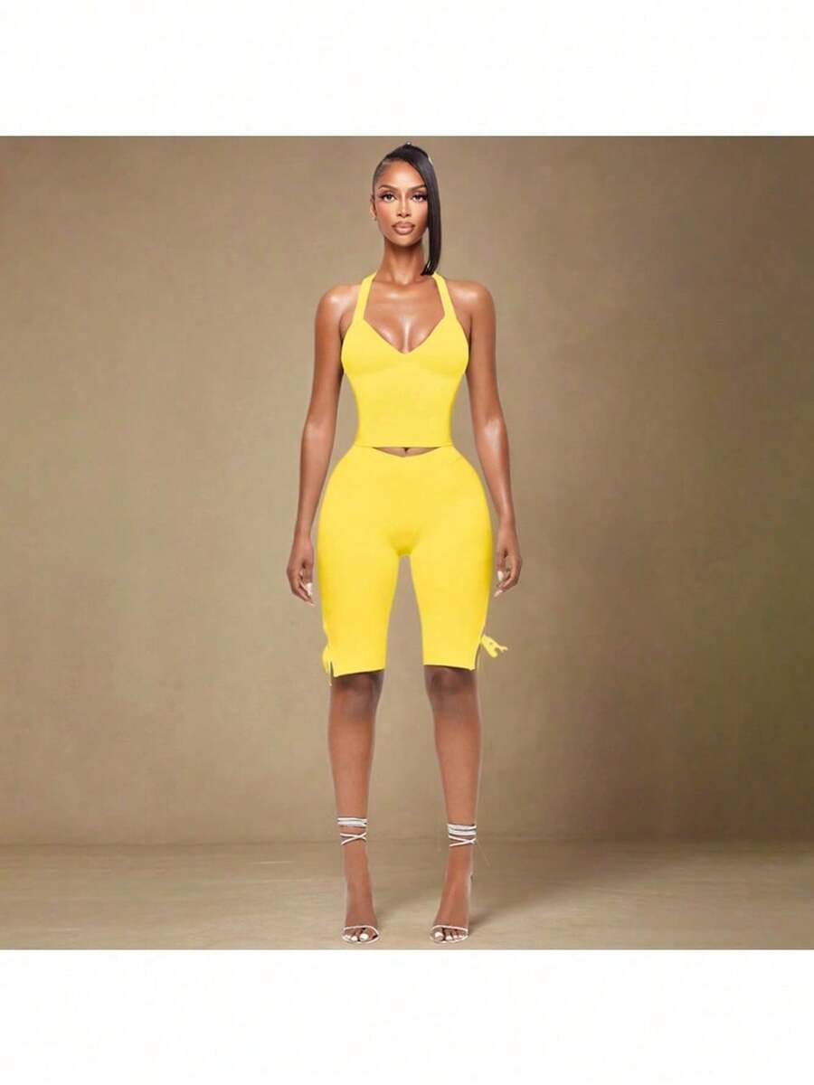 2PC Spring And Summer Neck Tie, Chest, Backless Bow, Pants, Solid Color Set - Màu vàng - Xem 1