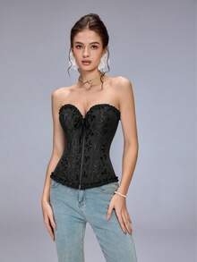 Vintage Style Black Corset Top, Boned Interior, Sexy Jacquard Shaping Bustier, Waist-Cinching Slim-Fit Bandeau Bra, Suitable For Weddings, Parties, Halloween And Holiday Outfits - Black - View 5