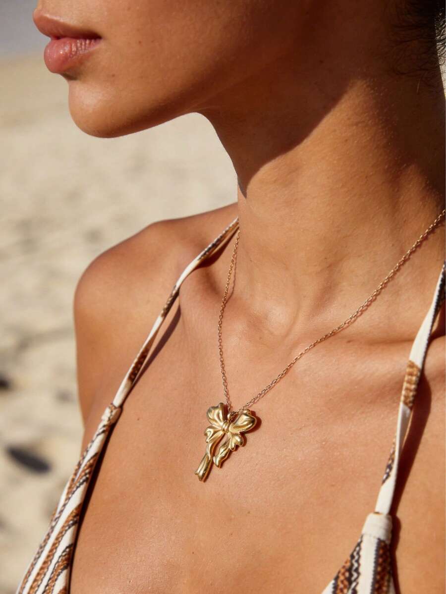 18K镀金极简3D蝴蝶结吊坠项链，波西米亚风金色夏季海滩度假不锈钢可调节链条项链，女士款 - 蝴蝶型 - 查看 1