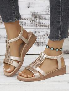 Sandales à plateforme pour femmes avec strass tressés, élastique, semelle épaisse, couleur unie, plage, élégante, gracieuse, resort, mode, décontractée, bohème, sexy, compensée, plateforme, été - Doré - Voir 8