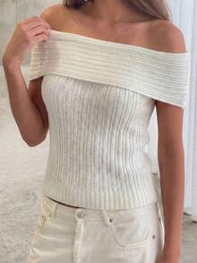 性感优雅修身露肩针织毛衣，女士夏季款 - 杏色 - 查看 4