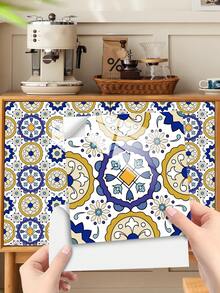 1 Set 10 buah Stiker Ubin Meksiko Tempel Sendiri, Stiker Dinding Perekat Tahan Air, Stiker Ubin Geometris Bunga Boho Vintage untuk Kamar Mandi, Dapur, Ruang Cuci, Anak Tangga, Dekorasi Dinding yang Mudah Dilepas dan Ramah untuk Penyewa - Biru Emas Mediterania - View 8