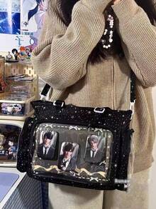 1个可爱甜美洛丽塔风格单肩包，多口袋大容量女童斜挎包，高品质尼龙材质，星形印花，可拆卸可调节肩带，轻便手提包，适合上学、动漫展、日常使用 - 黑色 - 查看 3