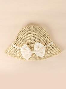 1pc Girls' Lace Bow Foldable Paper Straw Sun Hat, Beach Sunshade - Beige - View 3