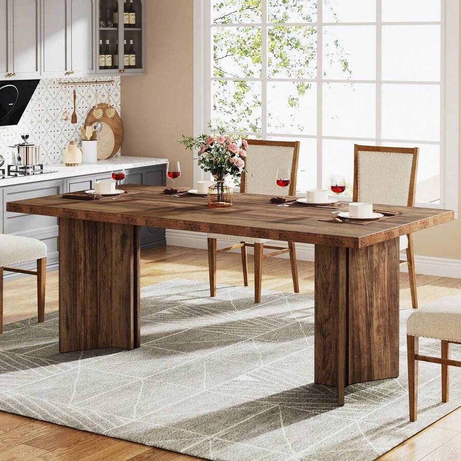 LITTLE TREE 160cm Farmhouse Dining Table For 4-6 People Rectangular Kitchen Table Large Tabletop For Dining Room Living Room Dark Brown - 棕色 - 查看 1