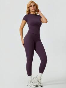 Women's Seamless Short Sleeved Long Pants Stretchable Waist Abdomen Control High Waist Training Fitness Equipment Collar Set Fitness Yoga Fitness Purple Buttock Lifting Outfit - 紫色 - 查看 6
