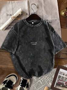 Summer Outfits For WomenWomen's Black Short Sleeve T Shirt With Life Is A Play Themed Short Sentence Graphic Print, Vintage Casual Crew Neck Regular Fit, Washed Cotton Fabric, Soft Skin Friendly, Breathable, All Season Wear, Stylish And Eye Catching, Easy To Match Daily Fitssummer Outfits For Womensummer Outfits For Women,Summer Tops - 黑色 - 查看 6