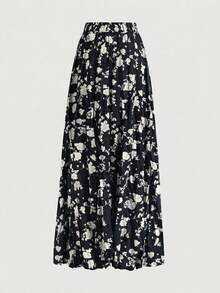 Chân váy xếp ly họa tiết hoa dành cho nữ, thanh lịch, thời trang, đa năng, thích hợp cho kỳ nghỉ. - Nền đen với hoa mơ - Xem 1