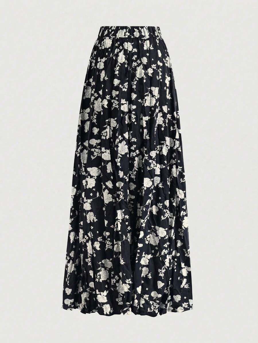Chân váy xếp ly họa tiết hoa dành cho nữ, thanh lịch, thời trang, đa năng, thích hợp cho kỳ nghỉ. - Nền đen với hoa mơ - Xem 1