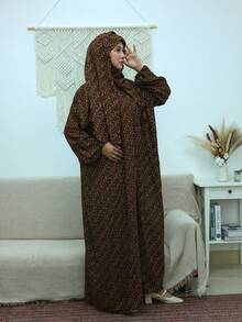 Vintage Floral One-Piece Prayer Robe With Headscarf, Loose Long Gown For Muslim Daily Prayer And Home Use - Mocha Brown - View 5