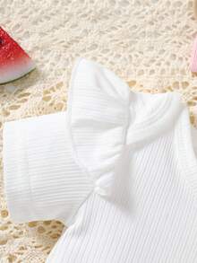 3pcs/Set Baby Girls' Casual Daily Cute White Crew Neck Knit Romper, Pink Watermelon Pocket Bodysuit, And Pink Bow Headband Set, Suitable For Spring, Summer, Autumn - Pink - View 7