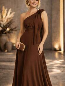 Bridesmaid Dress, Guest Dress, Flower Brooch, On , Matte, One-Shoulder, Elegant. - 鏽棕色 - 查看 2