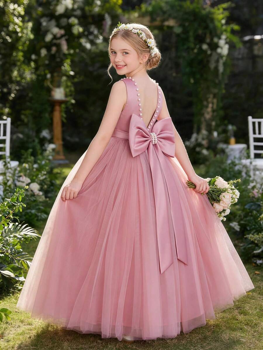 Vestido floral con decoración de lazo elegante para niña preadolescente, vestido de princesa adecuado para bodas, fiestas, cumpleaños, bailes de graduación y ocasiones especiales de adolescentes - Rosa - Ver 1