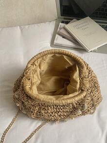 卡其色时尚编织草编包，独特编织复古风链条单肩包，女士休闲百搭斜挎包，适合外出、约会、购物、送礼和通勤上班。 - 卡其色 - 查看 9