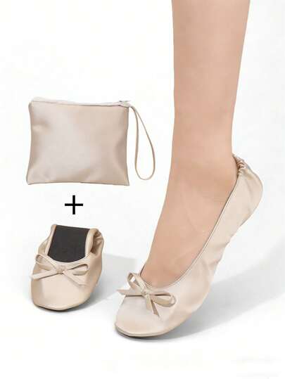 Champagne Smooth Ballet Shoes For Wedding, Indoor, Lightweight Barefoot Feel, Foldable Easy To Carry, Slip-On Dance Shoes, Soft & Comfortable Flat Casual Shoes For Women