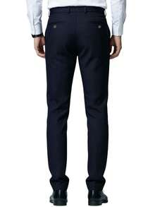 Men's Classic Design Trousers, Printed Craftsmanship, Solid Color Elastic Dress Pants For Spring/Summer Business Occasions, Elegant Luxurious Style, Men's Pants - Navy Blue - View 4