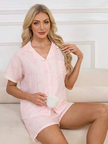 2pcs Women's Spring/Summer Pajama Set, Minimalist & Fashionable Sleepwear Set, Printed Button-Up Cardigan Short Sleeve Pocket Pajama Top And Shorts - Pink - View 2