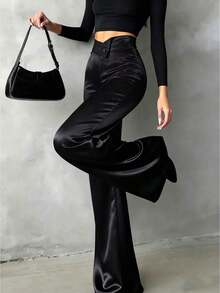 Women's Solid Satin High-Waisted Straight-Leg Pants, Suitable Daily Wear, Office Commute, Home, Dates, Small Parties, And Light Social Occasions Black Spring - Black - View 5