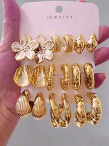 9 Pairs Luxury Gold Earrings (Outshine At Easter), 3D Floral + Shell Texture + Twisted Hoops, Perfect For Easter Dates, Commuting, Parties - Instantly Become The Focal Point! - Gold - View 10