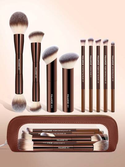 MAANGE 4/10件套专业软毛铝管化妆刷套装，含化妆包，包含粉底刷、晕染刷、高光刷、遮瑕刷、眼影刷、眉刷、混合刷、眼线刷，柔软纤维材质，方便携带，适用于粉状、液体、膏状化妆品，适合日常使用和旅行，也是送给朋友的化妆配件礼物。