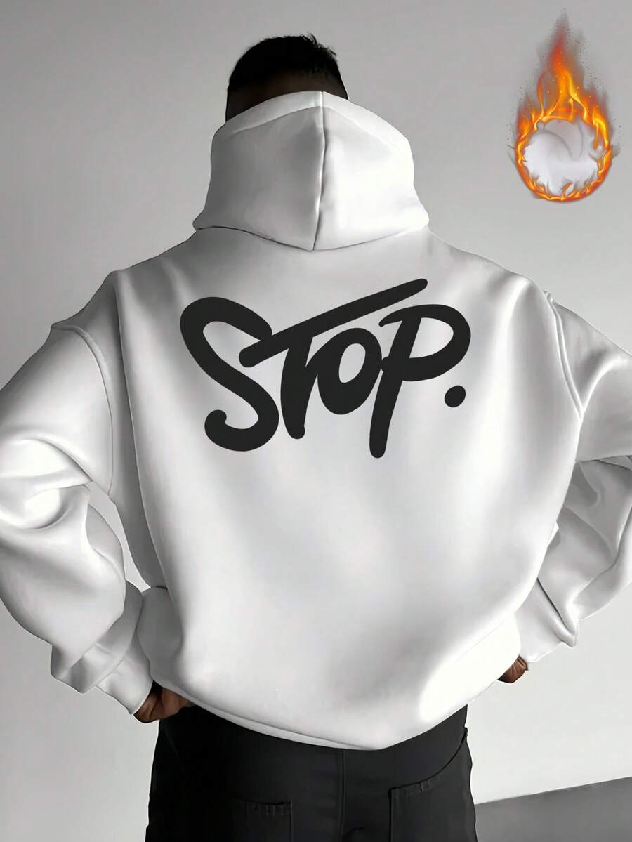 棉質男式落肩衛衣，街頭風個性標語圖案衛衣，休閒秋冬厚實布料，加厚加絨保暖寬鬆連帽衫 - 白色3 - 查看 1