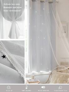 1 pieza Cortina de estrella hueca, de poliéster con doble capa de encaje transparente, cortina oscurecedora para ventana de dormitorio, cortina con estilo de princesa único y lindo, adecuada para días festivos - Gris Claro - Ver 7