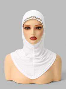 1pc Women's Fashion Solid Color Elastic Chin Cover Neck Warmer Scarf,Beach,Holiday - Rhombus-shaped Hot-fix Rhinestones - White - View 4