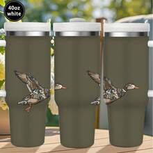 1pc 40oz Hand-Drawn Illustration Style, Flying Ducks, Brown And White Feathers Tumbler With Lid And Straw, Winter Insulated Travel Mug, Gift For Women Men, Ideal For Valentine's Day, Easter, Birthday Gift, Iced/Hot Coffee Cup - 40oz-trắng - Xem 7