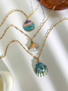 1件海洋风不对称蓝色贝壳和椭圆形珍珠镶嵌不锈钢鱼尾18K镀金项链，防水时尚百搭，女士适用 - 海洋項鍊 - 查看 8